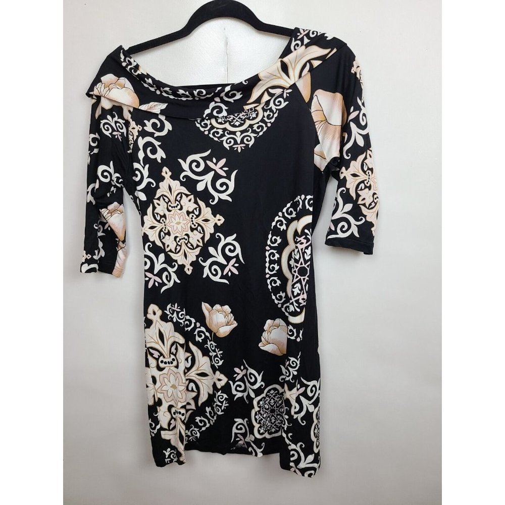 đť…şMICHAEL Michael Kors Black Tan Floral Print Off Shoulder Tunic Top Medium - Picture 5 of 5